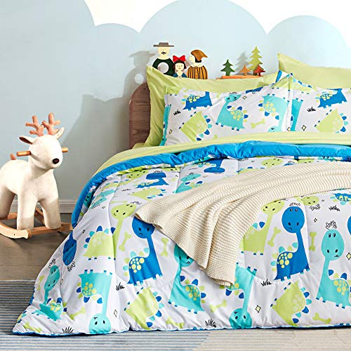 SLEEP ZONE Kids Bedding Comforter Set Full/Queen Size - Super Cute & Soft Kids Bedding Bed in a Bag 7 Pieces Set with Comforter, Sheet, Pillowcase & Sham (Cute Dino)