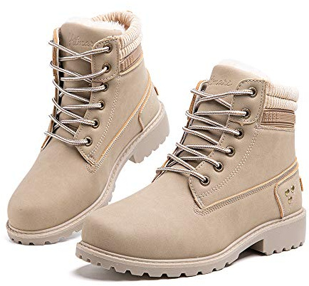 Hitmars Botas Invierno Mujer Cálidos Forradas Zapatos de Invierno Clásicas Moda Botas de Nieve Antideslizantes con Cordones Planas 3.2 CM 3 Caqui Talla 38 EU