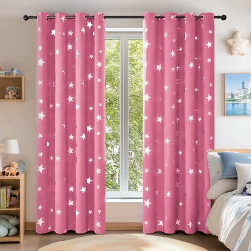 Deconovo gardinen Verdunkelung für Schlafzimmer Thermogardinen Dicke Vorhänge mit Ösen Vorhänge mit Muster Sterne, 160x132 cm(HöhexBreite), Rosa, 2er Set