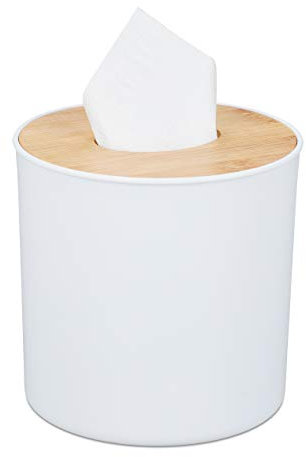 Relaxdays Kosmetiktuchbox mit Bambus Deckel, Bad, modernes Design, Kunststoff Behälter, HxD: 12,5 x 13,5 cm, weiß/Natur