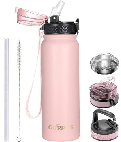 GOPPUS Botella Agua Acero Inoxidable 600ml/20oz con Pajita Botella Deportiva Aislada Frasco Frío con Pajita Botellas Agua Metal Abatibles Doble pared Termo a Prueba Fugas para Gimnasio con 3 Tapas