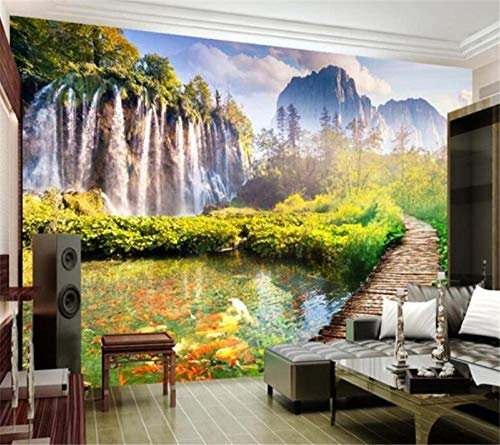 Benutzerdefinierte Fototapete 3D Tapeten Wohnkultur Wasserfall Wald Holzbrücke Hintergrund Dekorative Malerei Tapete,250 * 175Cm