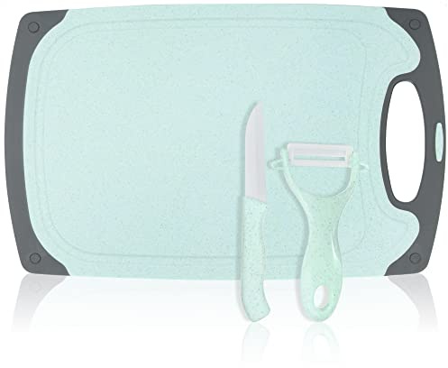 com-four® 3-teiliges Set mit Schneidebrett, Küchenmesser und Sparschäler | Robustes Küchenbrett aus Kunststoff - Hackbrett mit Keramik-Schäler und -Messer für die Küche