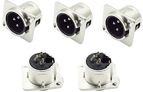 priaolker 3 Pin XLR Male Socket Metal Panel Mount Chassis Microphone Audio Jack D-Type Connector Adapter, Pack of 5