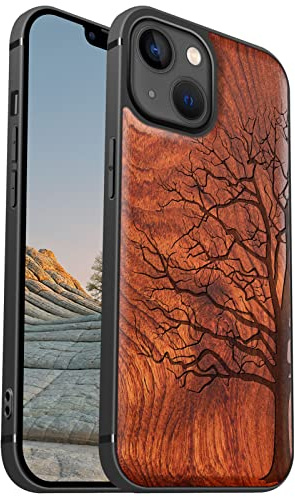 Carveit Magnetisch Hülle für iPhone 13 [Elegante Rosenholz] [Weich TPU Stoßstange] Stoßfeste Handyhülle Kompatibel mit 13 Magsafe Hülle Holz （Ewiger Baum）