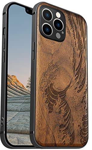 Carveit Coque magnétique pour iPhone 12 Pro [Élégant Noyer] [Pare-Chocs en TPU Souple] Coque de téléphone Antichoc Compatible avec 12Pro Magsafe Coque Bois (Grande Vague Kanagawa)