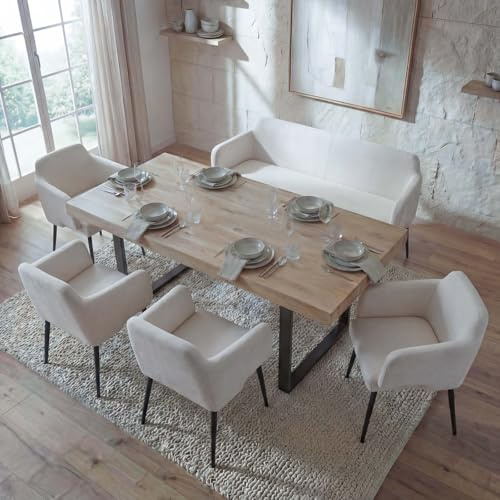 Mendler Esszimmer-Set HWC-L13, 4er-Set Stuhl+Sitzbank Esszimmergruppe Sitzgruppe Esszimmergarnitur, Stoff/Textil - Creme-weiß