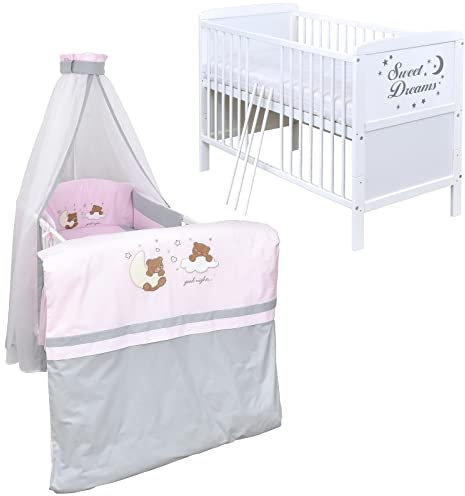 Generisch Baby Delux Babybett Komplett Set Sweet Dreams Kinderbett umbaubar zum Juniorbett weiß 140x70 Bettwäsche mehrteilig (Traumland rosa grau)