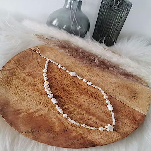 HANASE Handy-Gurt, Handy-Anhänger, Perlen-Buchstabe, Handy-Kette, natürlicher Muschel-Schmuck für Frauen, Anti-Verlust-Lanyard, T3