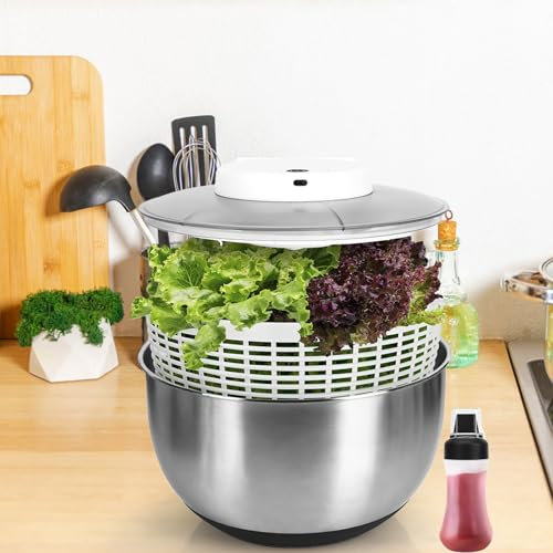 Mlijzard 5 Qaurt Stainless Steel Salad Spinner Large Vegetable Washer,Electric Lettuce Spinner for Home Kitchen Washing Drying Leafy Vegetables Fruits,Silver