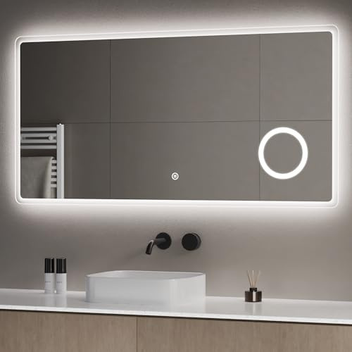S'AFIELINA Miroir de Salle de Bain LED 120x60cm Miroir Salle de Bain avec Éclairage Miroir de Salle de Bain avec Interrupteur Tactile Lumière Blanc Froid 6500K, Loupe 3X, IP44 Étanche