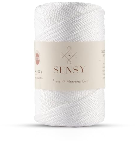 Sensy Premium 5 mm 95 Meters Polyesterseil 100% Polypropylen-Kordel Makramee-Kordel 5 mm Häkeltasche Kordel Makramee Seil Häkelgarn Geschenk für Strickwaren (Weiss)