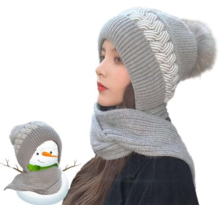Integrierter Ohrenschutz Winddicht Cap Schal - Stricken Verdickung Hut Winter Kapuzenschal für Frauen Winter, grau, Einheitsgröße