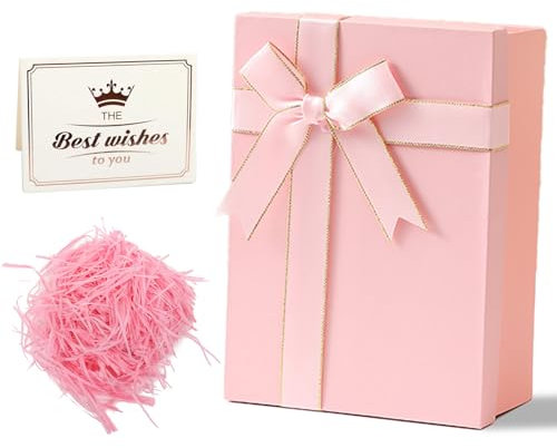 Geschenkbox mit Deckel Geschenkverpackungskasten mit Grußkarten Geschenkschachtel mit Schleife Gift Box Geeignet für Vatertag Muttertag Weihnachten Ostern Valentinstag und Geburtstagsverpackung Rosa