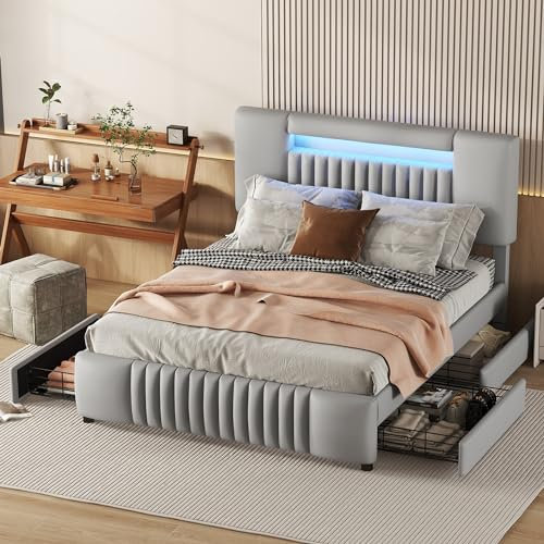 WIZBED Polsterbett Doppelbett 140 x 200 cm mit 4 Schubladen, Bettgestell mit Lattenrost und verstellbar Kopfteil, L-E-D, PU, Gepolstertes Bett Jugendbett, ohne Matratze Grau