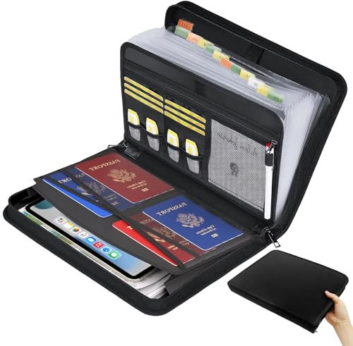 Erzekrim Fächermappe Feuerfeste Dokumentenmappe mit Reißverschluss und Etiketten Konferenzmappe aus Leder Mappen Ordnersystem mit 12 Fächern für A4 Dateien