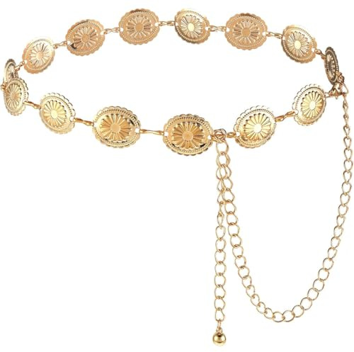 AFCJLTO 1 pezzo Cintura bohémien in metallo con catena a margherita traforata, Cintura da Donna in Metallo con Catena a Margherita, Stile Bohémien Regolabile per Abiti e Concerti Country, Colore Oro