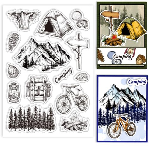 GLOBLELAND Reise Camping Zelt Silikonstempel Berg Bäume Transparente Stempel Lagerfeuer Fahrrad Kompass Klare Stamps Für Karten Herstellung DIY Scrapbooking Basteln