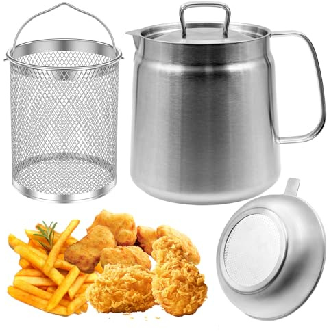 1,5 L sil grytfritös, 304 rostfritt stål oljefilterkruka med sil och friteringskorg för kök, multifunktions steknät tank fettbehållare