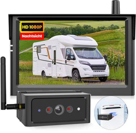 AUTO-VOX Magnetische Kabellos Rückfahrkamera, Weitwinkel Einparkhilfe mit 5 Monitor, 1080P IR Nachtsicht IP69K wasserdichte Rückfahrkameras für Wohnmobil Wohnwagen Anhänger(S4B)
