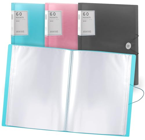 A4-Präsentationsmappe, 60 Taschen, A4-Präsentationsmappen, Sichtbuchmappe mit Kunststoffhüllen und Sicherheitsseil, Präsentationsmappen, Dokumentenmappe für Schule und Büro, Rosa (Blue)