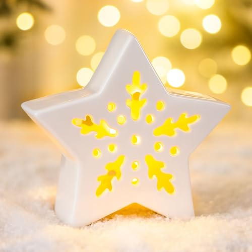Weihnachtsdeko Keramik Stern mit LED Licht, Porzellan Weihnachtsstern Beleuchtet, Weihnachten Deko Sterne Figur, Weihnachtsbeleuchtung Fensterbank Weihnachten Tischdeko für Neujahr Winter Geschenk