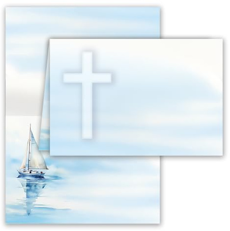 Tischkarten Namenskarten 25 Stück zum Beschriften Blanko Tischkärtchen mit Segelboot und Kreuz Kommunion Konfirmation Firmung Taufe Hochzeit Geburtstag Feier Jubiläum Weiß Blau mit Boot