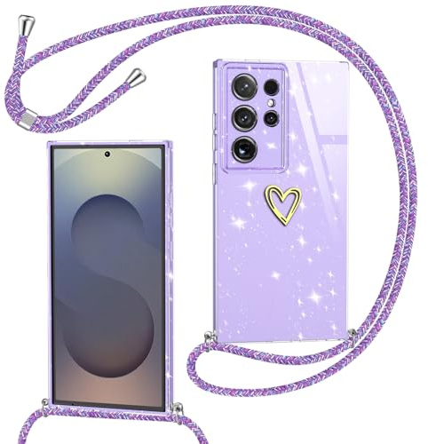 Yichxu Handyband für Samsung Galaxy S25 Ultra Hülle mit Band, Glitzer Herz Silikon Handyhülle Kordel zum Umhängen, Schutzhülle mit Kette Stoßfest Necklace Handy Hülle für Samsung S25 Ultra 5G, Lila