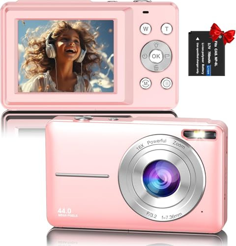 Digital Camera, 1080P FHD 44MP Compact Digital Camera, Vlogging Camera with 2.4 LCD Screen, 16X Digital Zoom, Anti-Shake, Rechargeable, PPortable Photo Camera for Kids, Teens, Beginners-Pink