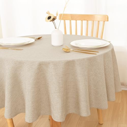 DWCN Leinen Beige Tischdecke Rund 140cm，Abwaschbar Tischdecke Leinenoptik Tischdecke Outdoor Tischwäsche Wetterfest für Esszimmer, Garten, Party, Hochzeiten, Haushalt Wohnzimmer, Balkon