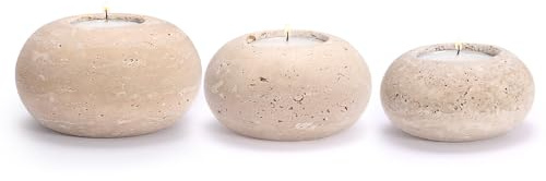 SUMTree Set mit 3 Kerzenhaltern aus Travertin für Teelichter, Kerzenhalter aus Marmor, handgefertigt, für Couchtisch, Beige (D10 + 8 + 7 cm)