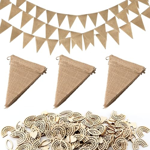 Scettar 3 Stück Jute Wimpel Outdoor 3×3.7 M Girlande Outdoor Wetterfest Wimpelkette Wetterfest und 80 Stück Regenbogen Herz Fisch Holzspäne Geeignet für Party und Hochzeitsdekoration
