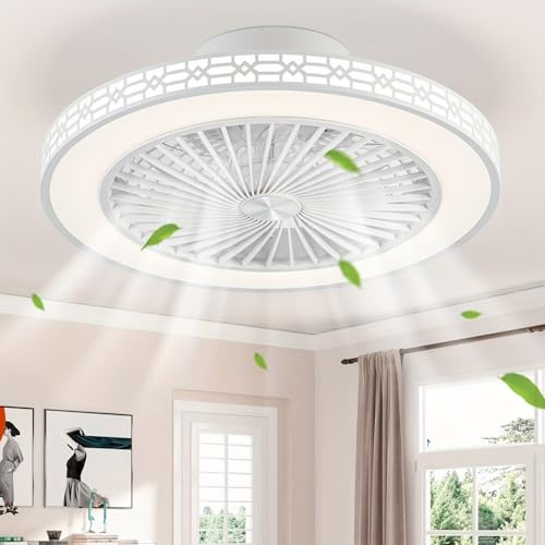 LMiSQ 48cm Deckenventilator Ultrathin Moderner Deckenlampe mit Ventilator 3 Farbe Dimmbar 6 Gang Umkehrbar für Alle Jahreszeiten Deckenventilatoren mit Timer Memory Deckenventilator Leise Weiß