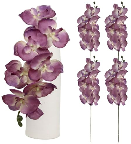4pcs Faux Orchideenstängel, 28 Zoll lebensechter Köpfe lila Orchideen Künstliche Blumen, Seide gefälschte Blumen für Töpfe Vase Decor Faux Orchidee Stängel, falsche Orchideen künstlich, Seide