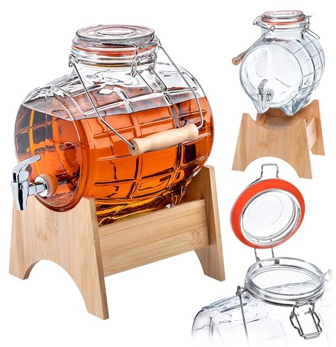 KADAX Barile da 5 l con rubinetto, distributore di bevande a forma di barilotto in vetro, barile con rubinetto, dispenser trasparente con base in legno, dispenser alcolico ideale per whisky, brandy