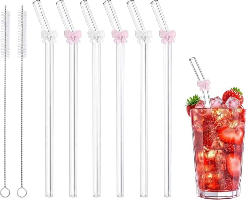 Glasstrohhalme mit Schleife, 6 Stück Strohhalme Glas mit 2 Reinigungsbürsten, Glasstrohhalm Schleife, Glasröhrchen Gebogen für Säfte, Cocktails, Smoothie, Milch, Kaffee