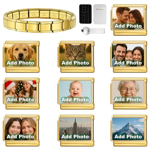 GEMOSA Doré Bracelet Photo Personnalisé Style Italien – Lot de 10 Charms Maillons en Acier Inoxydable – Kit Bijou Extensible avec Outil et Boîte Cadeau – Idée Cadeau Femme et Maman