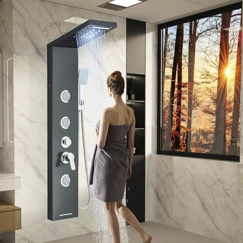 LLFFSSDG Columna de Ducha Negra, Sistema de Panel de Ducha 5 en 1 con Cabezal LED, Hidromasaje, Ducha de Mano y Bañera, Acero Inoxidable, Diseño Elegante