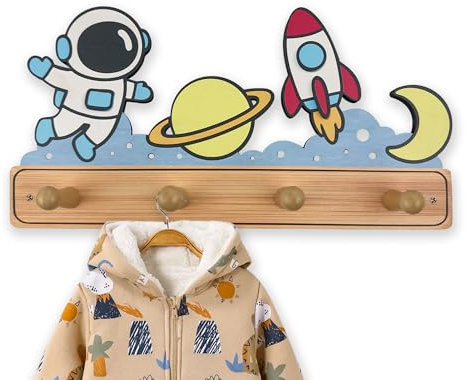Midrean Cute Wooden Rocket Planet Kids Coat Rack and Key Hanger Wall Mount 13.7 Inches Wood Decorative Wall Hooks Towel Holder for Hanging Robe Hat Jacket