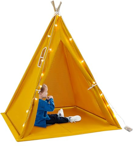 Tipi Tienda de campaña para niños, 120 x 120 x 140 cm, de algodón con alfombra, cadena de luces, estrellas luminosas, casa de juegos plegable para interior o exterior (amarillo)