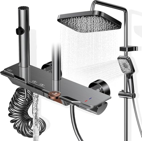 Wiorhix Colonne de Douche avec Mitigeur, Ensemble Douche Tête Pluie XXL 31,5cm, Panneau Commande Piano 4 Fonctions, Hauteur Réglable 83-110cm, pour Baignoire et Salle de Bain - Gris