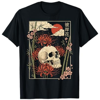 Teschio Giglio Ragno Rosso Fiore Giapponese Estetica Maglietta