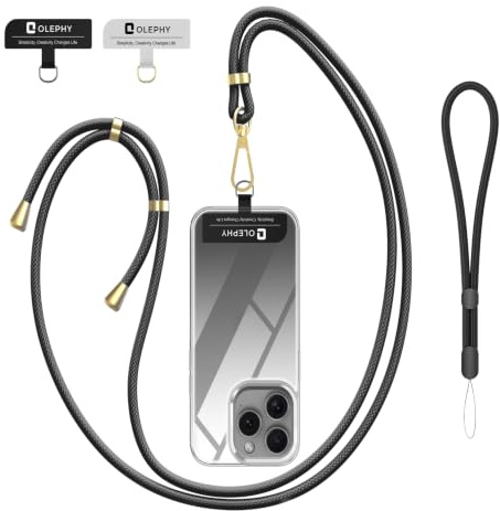 OLEPHY Crossbody Phone Lanyard and Wrist Strap with 2 Pack Patchs, | Adjustable Universal Nylon Neck Chain Compatible with Most Smartphones with Case, Black & Black