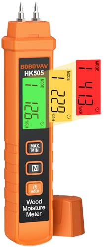 BOBOVAV Wood Moisture Meter - Pin Type with 7-Material Calibration | Lightweight & Portable ; ±2.0% Accuracy; 0.0-58.0% Range ; MAX/MIN/HOLD Function ; For Wood, Concrete Wall & Drywall