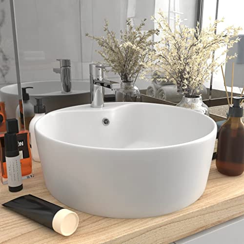 Ziaphsol Lavabo en céramique blanc mat avec trop-plein, 36 x 13 cm, rond, vasque à poser pour salle de bain, WC d'invités, avec trou de robinet de 3,5 cm, nettoyage facile