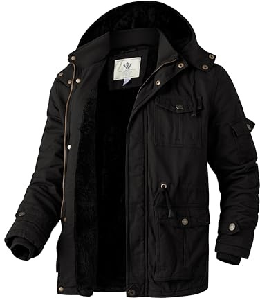 WenVen Herr vinter utomhusjacka parkas tjock huva varm kappa vindtät medellång jacka klassiska militärjackor, svart, XL
