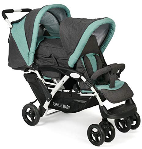 CHIC 4 BABY - Geschwisterwagen DUO mit Tragetasche und Regenschutz, Geschwisterkinderwagen für zwei Kinder, Zwillingswagen, Zwillingsbuggy, Tandemkinderwagen, Tandembuggy, Kinderwagen, Melange mint