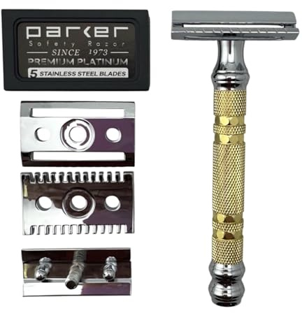 Parker, The Convertible, Double Edge Safety Razor – Interchangeable Open & Closed Comb Plates, Solid Brass/Chrome 93 g Handle, Customizable Shave from Mild to Aggressive