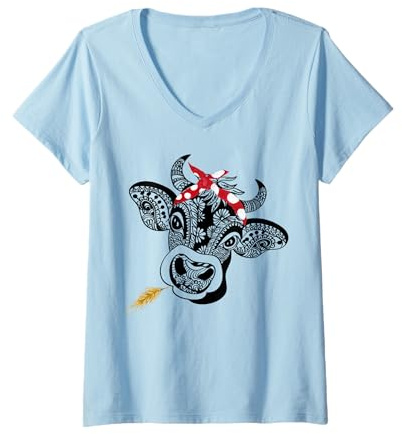 Kuh-Mandala mit Bandana, Hippie, böhmisches Bauernmädchen, Geschenk T-Shirt mit V-Ausschnitt
