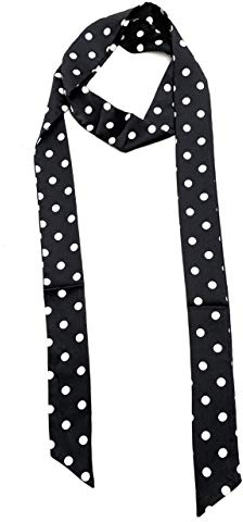Caprilite 2m Super Long Women's Skinny Scarf Satin Slim Ribbon Thin Fashion Faux Silk Ladies Scarves (Black Base White Polka Dot Print)